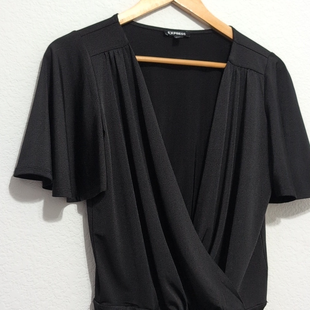 EXPRESS Satin Black Flutter Sleeve Wrap Front Bodysuit Women's Size Small - Picture 2 of 13